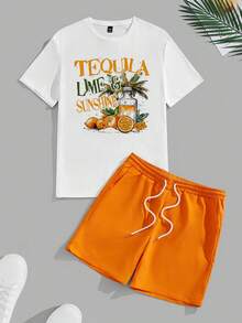 VIVINTIMO Men's Casual Juice Print T-Shirt And Orange Shorts Set - Multicolor - View 2