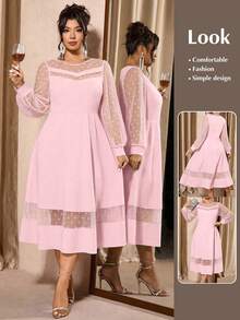 Cravure Đầm dài tay thanh lịch màu trơn phối lưới, cỡ lớn - Hồng - Xem 1