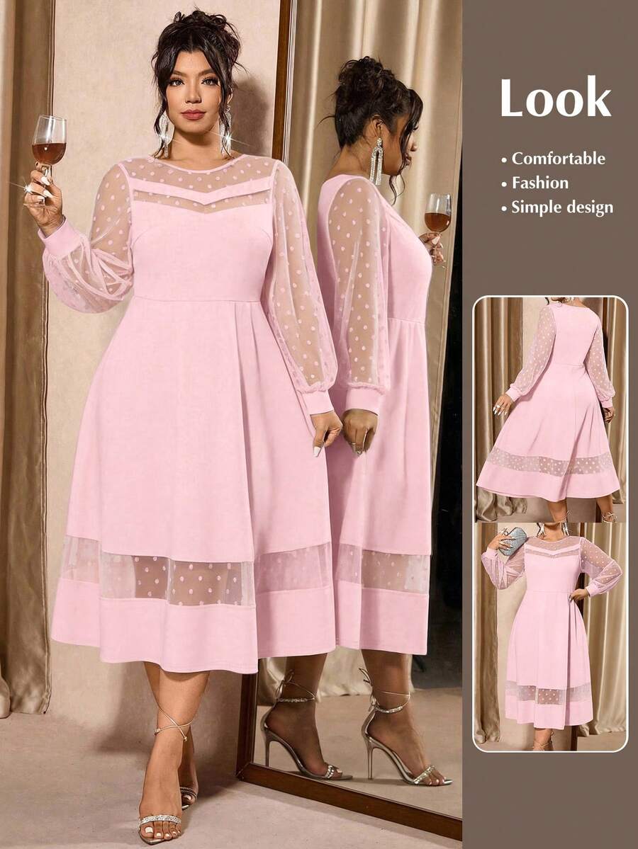 Cravure Đầm dài tay thanh lịch màu trơn phối lưới, cỡ lớn - Hồng - Xem 1