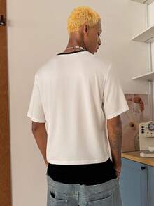 STEELVANCE 男士休闲度假通勤字母印花撞色滚边圆领短袖T恤，夏季 - 白色 - 查看 5