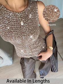 SHEIN PETITE CURVE 大码女式纯色亮片圆领背心，适合情人节、夏季、嘉年华、派对、婚礼等各种场合，优雅闪亮。 - 棕色 - 查看 1