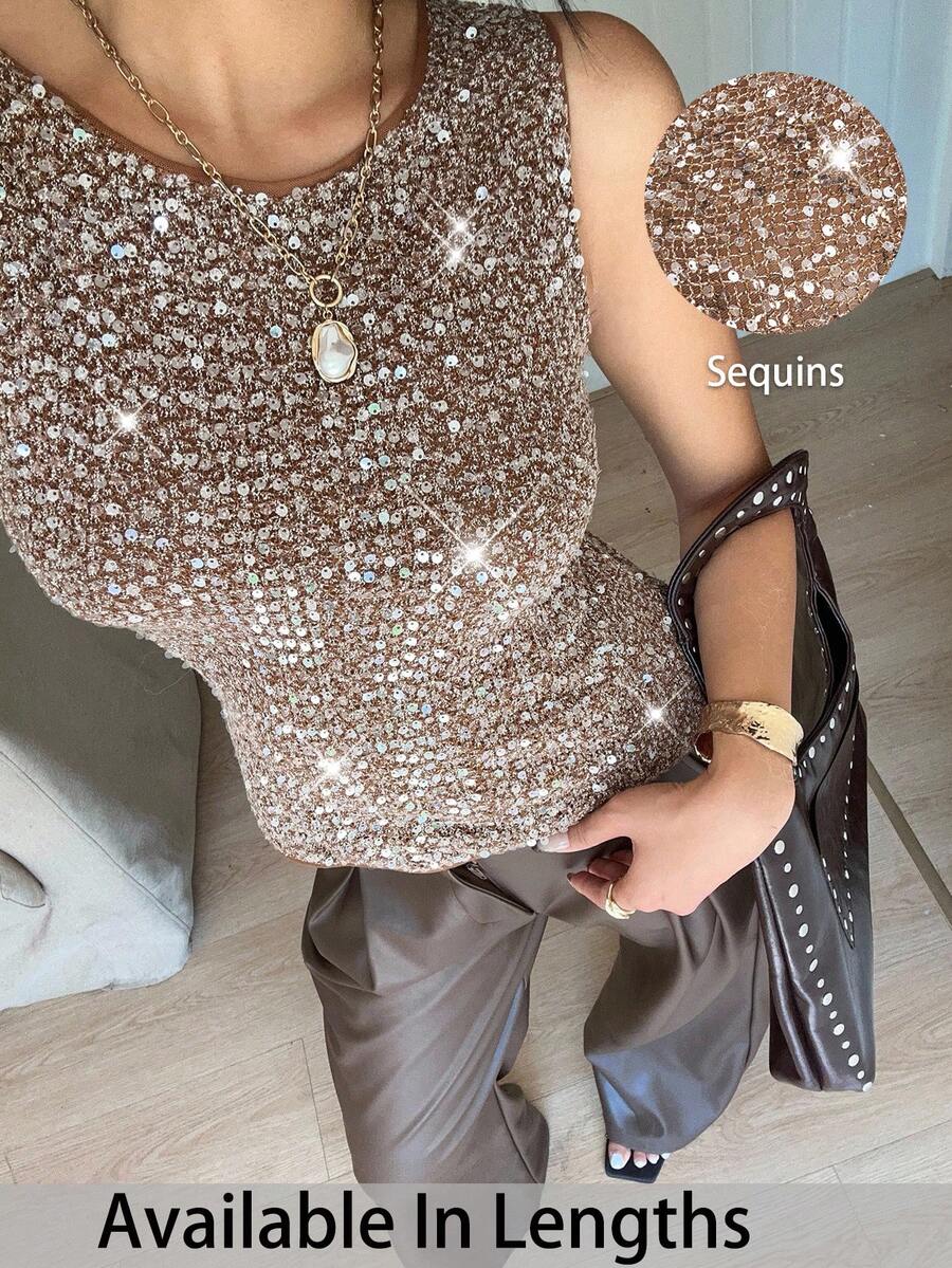 SHEIN PETITE CURVE 大码女式纯色亮片圆领背心,适合情人节、夏季、嘉年华、派对、婚礼等各种场合,优雅闪亮。 - 棕色 - 查看 1