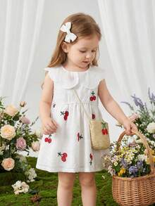 SHEIN Vintaside Kids Baby Girl Cherry Embroidered Sweet Princess Dress + Matching Cherry Accessory Bag, Sleeveless, Comfortable, Fashionable Outfit For Daily Wear - White - View 10