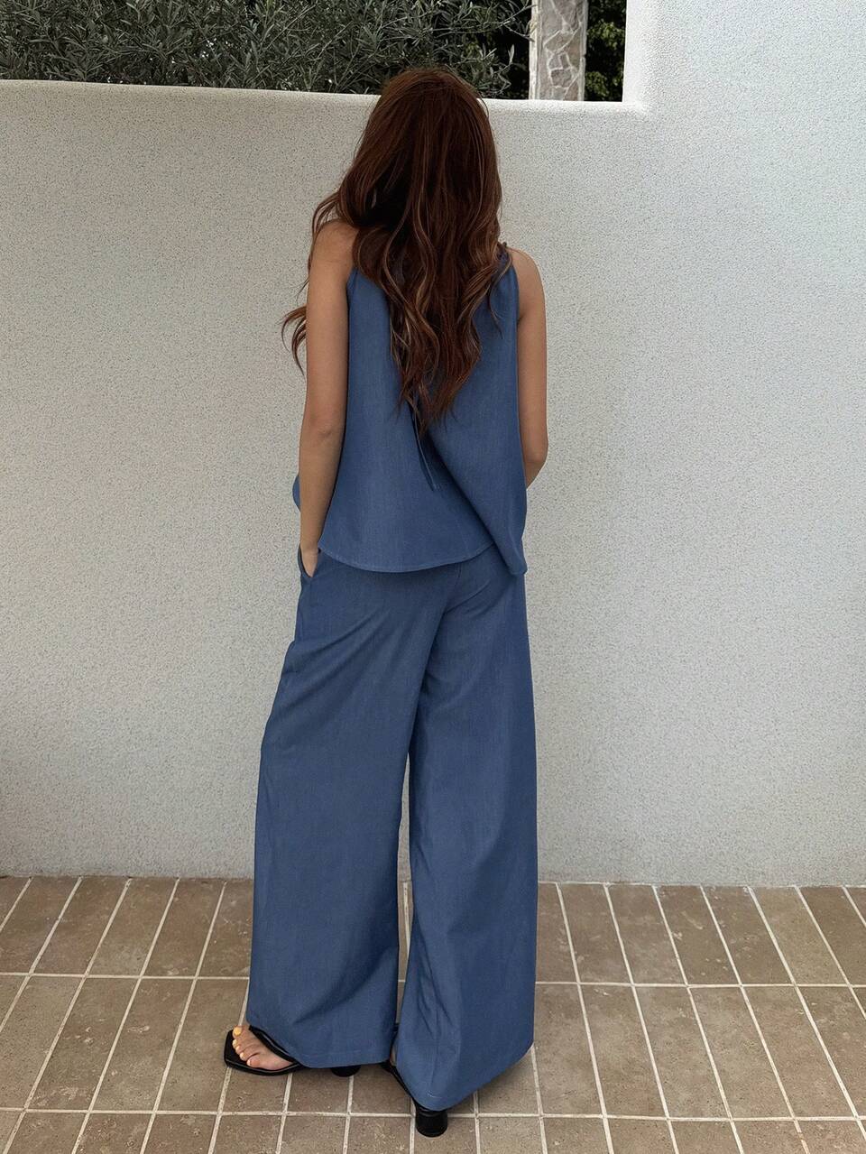 Elegant Pleated Loose Camisole & Wide Leg Pants 2 Pieces Set For Women, Vintage Versatile Draping Summer New Arrival Lounge Sets For Women