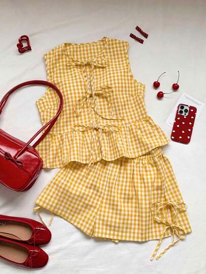 Comfortcana Conjunto de camiseta y pantalones cortos a cuadros amarillos para mujer, Día de San Valentín