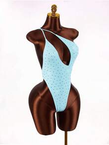 Amplova Women's Shiny Asymmetric Hollow-Out Sexy Backless One-Piece Swimsuit, Cute And Fashionable For Beach Vacation - Blue - View 5