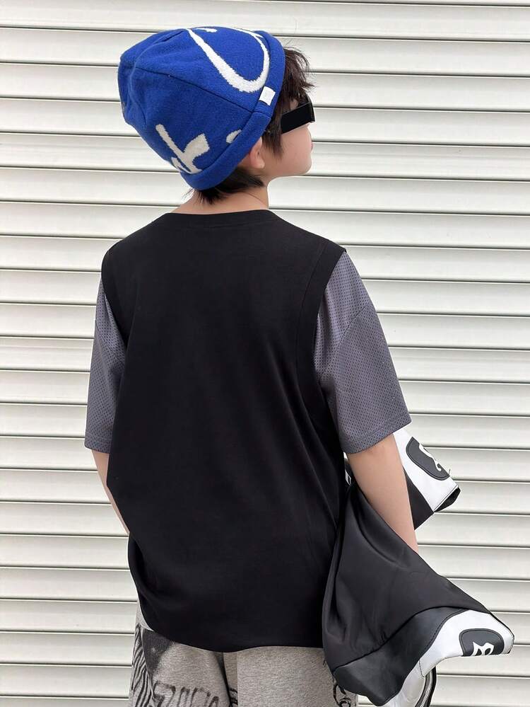 Tween Boy Colorblock Letter Print Crew Neck Short Sleeve T-Shirt