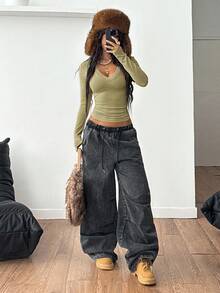 Coolane Women's Fall/Winter Streetwear Renaissance Fair Basic Rib Knit Warm/ Cold Weather/ Thermal Stretchy Long Sleeve V-Neck T-Shirt - Mint Green - View 2