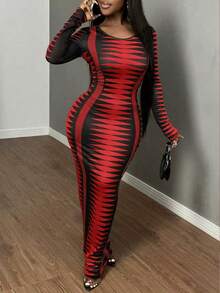 SHEIN SXY Gaun Maxi Bodycon Motif Abstrak untuk Wanita Ukuran Plus - Merah - View 6