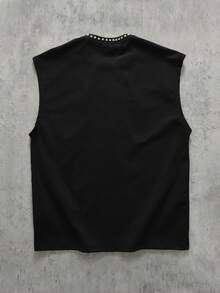 ROMWE MEN 男士街头风字母图案铆钉细节背心，夏季时尚 - 黑色 - 查看 3