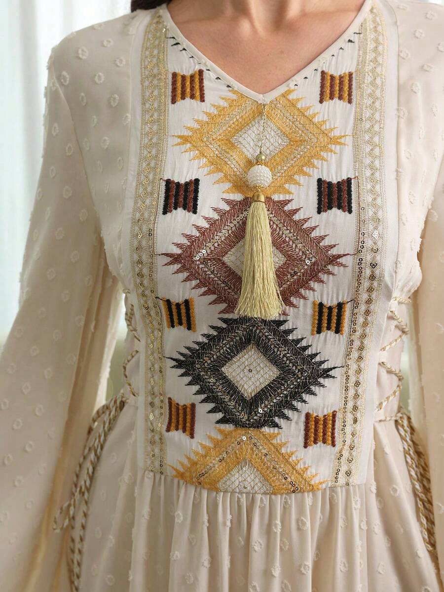 Yasmyna Women's Brown Woven Jacquard Long Sleeve Embroidered Tie-Waist A-Line Fringe Pendant Elegant Romantic Turkish & Arabic Traditional Maxi Dress, Spring/Summer - Apricot - View 1