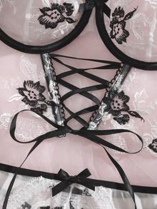 2pcs Women's Romantic Lingerie Set, Sheer Embroidered Mesh Lace-Up Sexy Outfit - Black and White - View 6
