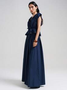 Ontre Conjunto de 2 piezas para mujer 2026SS, casual de negocios, vintage, digno, elegante y versátil, top y falda de color azul marino sólido, traje casual - Azul Marino - Ver 5