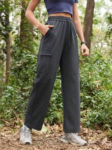 SHEIN In My Nature 女士抽绳腰带口袋设计宽松徒步裤 - 灰色 - 查看 4