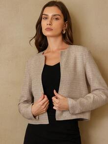 Revavyn Áo khoác blazer dài tay cổ tròn chất liệu tweed dành cho nữ, phù hợp cho việc đi làm hàng ngày. - Màu Khaki - Xem 5