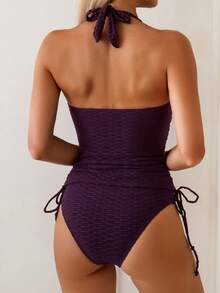 Swim Lushoire Conjunto de 2 piezas de bikini de color azul marino sólido con tirantes para mujer, atuendo casual de playa y vacaciones de verano - Morado - Ver 2