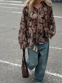 Livesso Áo sơ mi nữ màu nâu in hoa điều, thích hợp cho kỳ nghỉ hè ở bãi biển. - Cà phê nâu - Xem 4