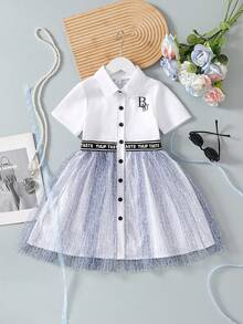 Garden Girls Commuter Style Dress, Summer Collared Shirt Splicing Letter & Numeric Digital Print Mesh Puff Skirt, Suitable For Daily Wear, Vacation & Travel - White - View 3