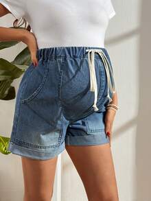 SHEIN Quần short denim bầu co giãn và thoải mái, gấu quần xắn, eo có dây rút điều chỉnh, trang phục thường ngày khi đi nghỉ mát. - Rửa trung bình - Xem 5