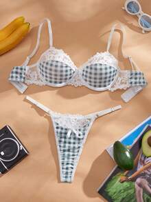 Eraneu Set de 2 piezas de lencería con parche de cuadros y encaje de moda para niñas - Multicolor - Ver 7