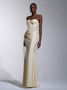 Elitara Đầm dạ hội màu kaki sang trọng, thêu 3D tinh tế (số lượng hoa bướm 3D ngẫu nhiên), đính cườm, ren lãng mạn, không dây vai, eo lưới xuyên thấu, có gọng, cạp thấp xếp ly, đuôi cá. Thích hợp cho hẹn hò, du lịch, tiệc độc thân, đám cưới, dạ hội, trang phục trang trọng hàng ngày dành cho quý cô. - Màu be - Xem 4