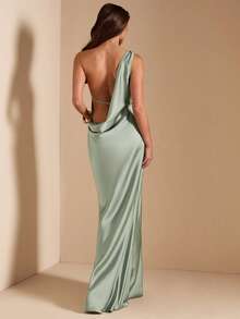 SHEIN BAE Sage Green, Pistachio Green Sexy Satin Backless Maxi Fishtail Dress, Bridesmaid Dress, Satin Dress, Sexy Dress, Brunch Dress, Wedding Guest Attire - Green - View 5