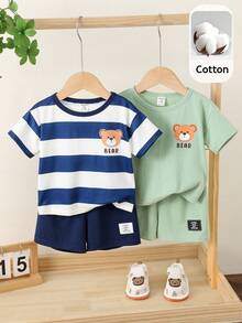 SHEIN 4件套男婴可爱卡通印花针织短袖睡衣套装，夏季基础款多件套 - 彩色 - 查看 3