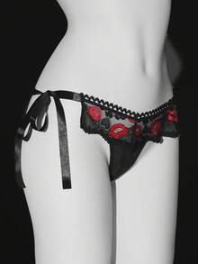 Bragas tipo tanga de mujer con lazo de encaje y cinta estilo clásico y sexy para el Día de San Valentín - Negro - Ver 7