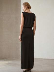 MOTF PREMIUM VESTIDO LARGO DE CUELLO REDONDO Y CINTURA ESBELTA - Negro - Ver 4