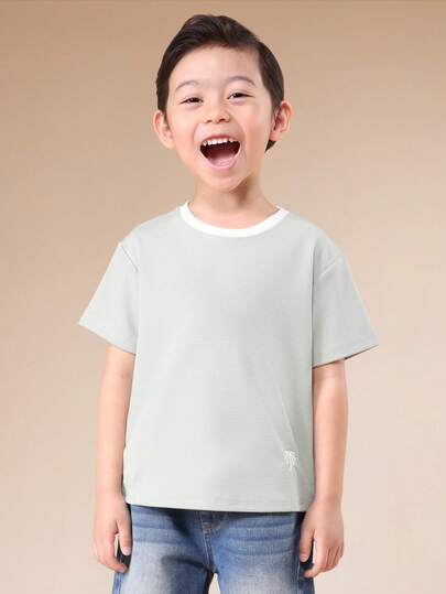 SUMWON Boys Textured Ribbed Crew Neck Short Sleeve T-Shirt With Small Logo Detail Comfortable Casual Everyday Wear Summer Top