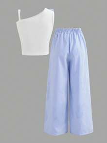 Tween Girl Summer Fresh Sweet 3D Floral Decor Asymmetrical Shoulder Top And Striped Pants Set - Blue - View 3