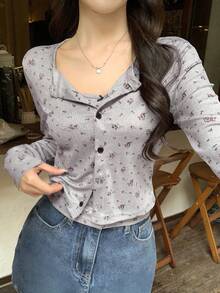 FRIFUL 2pcs/Set Women Ditsy Floral Camisole & Long Sleeve Top - Grey - View 3