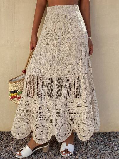 DAZY Vintage French Crochet Hollow Design Elastic A-Line Skirt For Women