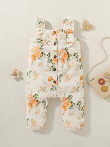 SHEIN Playful Pals Pelele sin mangas con cuello cuadrado, volantes y estampado floral para bebés y niñas pequeñas, adecuado para salidas de primavera/verano, vacaciones y uso diario - Amarillo - Ver 4