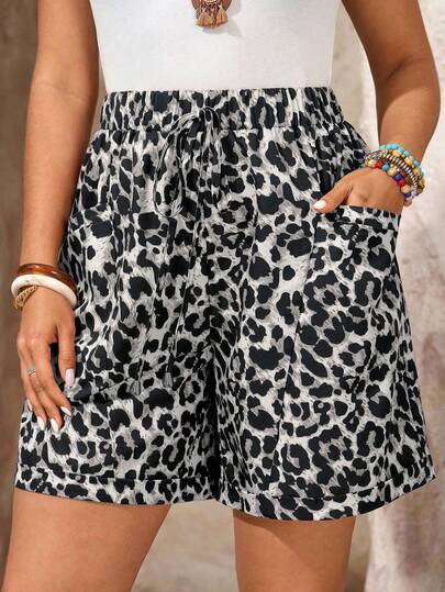 EMERY ROSE Leopard Muster Loose Fit Shorts mit Kordelzug und Taschen in Große Größen, vielseitig einsetzbar für den Sommer
