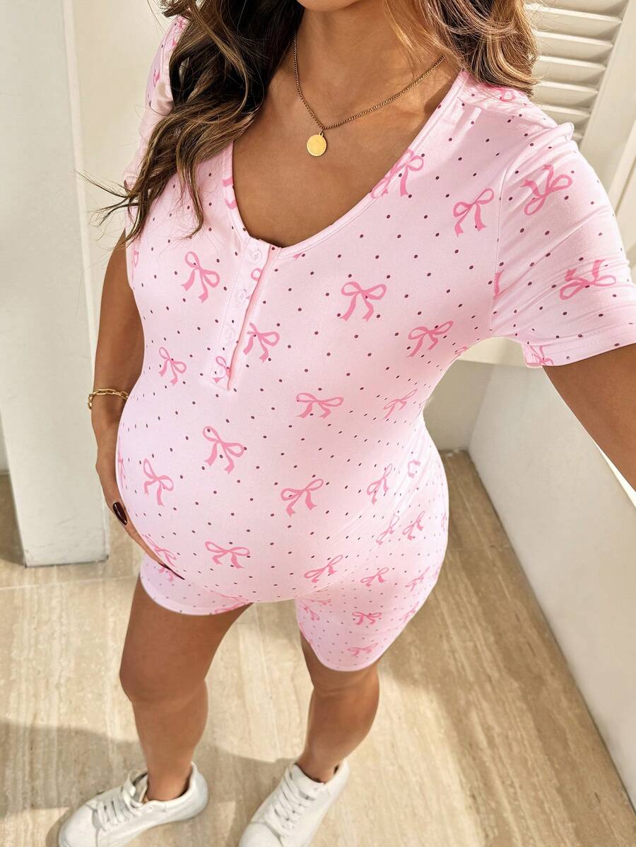 SHEIN Maternity Bow & Polka Dot Print Fitted Short Sleeve Dress - Pink - View 1