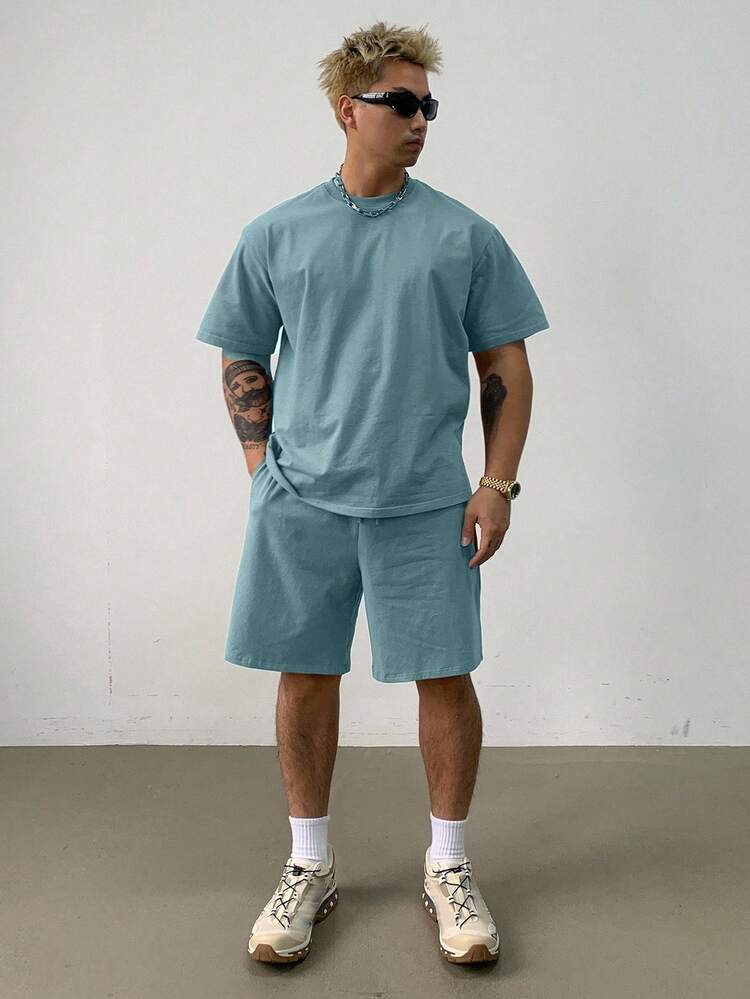 Men's Solid Blue Regular T-Shirt Set, Summer