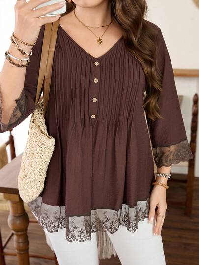 Lacomfia Plus Size Women's Spring/Summer Casual 3/4 Sleeve Pleated Fabric Contrast Lace T-Shirt