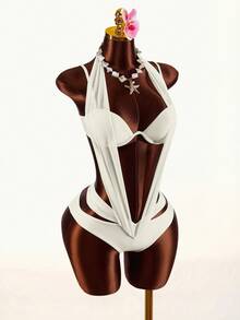 Amplova Áo tắm liền thân cổ yếm phối lưới dành cho nữ, thiết kế hở lưng gợi cảm, trang phục đi nghỉ mát, trang phục du lịch cho nữ, trang phục ngày lễ cho nữ - Màu be - Xem 9