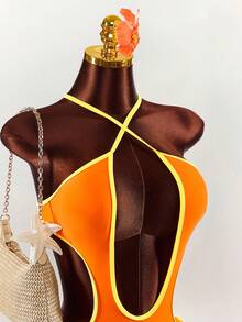 Amplova 女士交叉绑带露背连体泳衣，撞色包边，性感前卫，适合度假穿着 - 亮橙色 - 查看 5