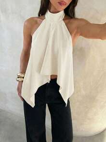 Aloruh 女士无袖露背吊带不对称下摆缎面上衣，复古优雅浪漫约会女士露脐上衣夏季外出上衣 - 杏色 - 查看 6