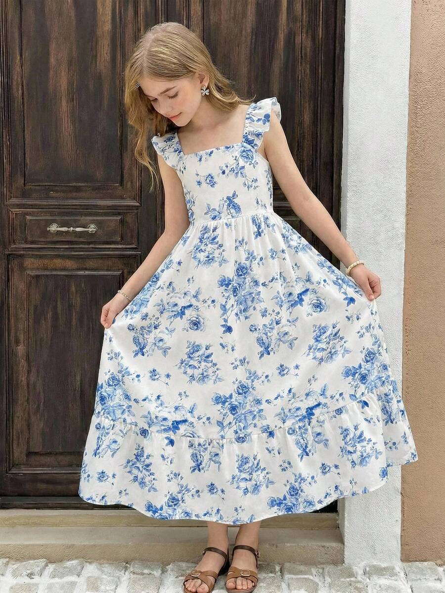 SHEIN Đầm mùa hè cho bé gái tuổi teen, họa tiết hoa xanh trắng, viền bèo nhún, eo thắt, phong cách boho, thích hợp cho kỳ nghỉ biển. - Xanh và trắng - Xem 1