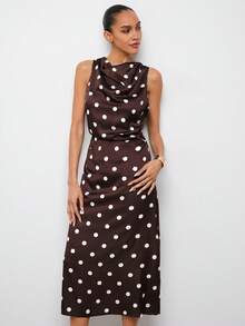 SHEIN Maija 女士无袖垂领波点缎面夏季连衣裙 - 咖啡棕 - 查看 1