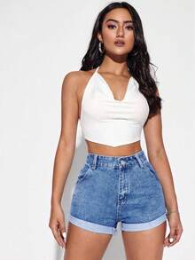 SHEIN EZwear 夏季休閒破邊牛仔短褲，浅色洗水磨破 - 淺色水洗藍 - 查看 3