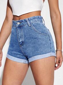 SHEIN EZwear 夏季休閒破邊牛仔短褲，浅色洗水磨破 - 淺色水洗藍 - 查看 5