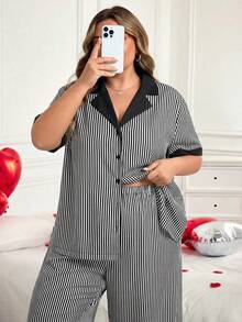 SHEIN CURVE+ CURVE PLUS /Ngày Valentine/Bộ áo và quần kẻ sọc dành cho nữ cỡ lớn, trang phục đa năng mùa thu, mùa đông, CURVE PLUS - Đen và trắng - Xem 6