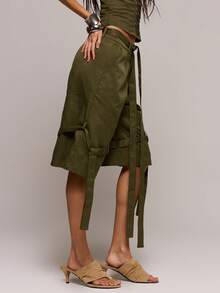 MUSERA Stitching Detail Wide Leg Cargo Jorts Spring Summer Sexy Date Night Club Festival Holiday Night Out Vacation Soul Ties - Army Green - View 3