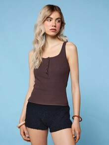 COUREZ 亨利领罗纹背心上衣 / Y2K 夏季女装可爱性感棕色无袖上衣沙滩度假泳装夏季外出女式沙滩装 - 咖啡棕 - 查看 4