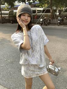 DAZY 女款蕾絲拼接白色迷你裙，高腰百搭夏季兩件套居家休閒短套裝，適合學校穿著 - 灰色 - 查看 10