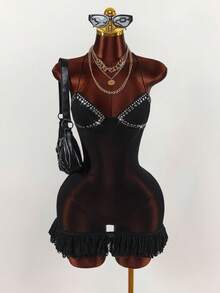Amplova Vestido mini ajustado con cuello halter, tirantes finos y espalda descubierta para mujer - Negro - Ver 7
